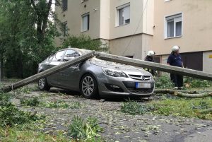 vihar, Békéscsabán, kidőlt, autóra dőlt, villanyoszlop