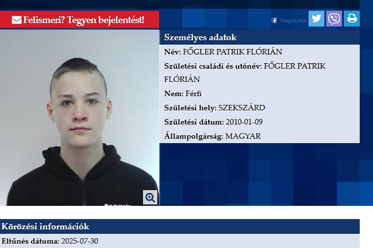 Eltűnt egy 15 éves békési fiú – a rendőrség a lakosság segítségét kéri