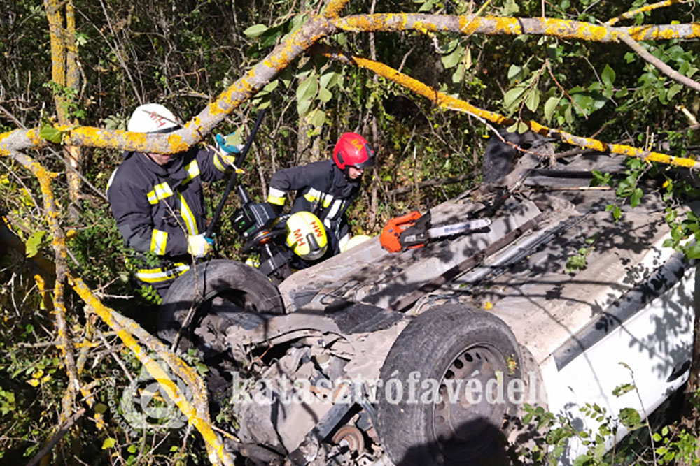 Fának csapódott egy autó Battonyánál: feszítővágóval szabadították ki a sofőrt a tűzoltók